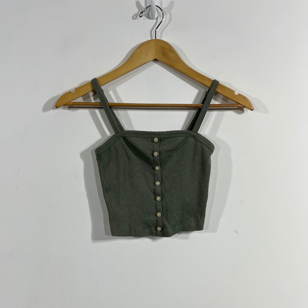 American Eagle Y2K Preppy Olive Green Ribbed Button Front Crop Tank Top XS Boho